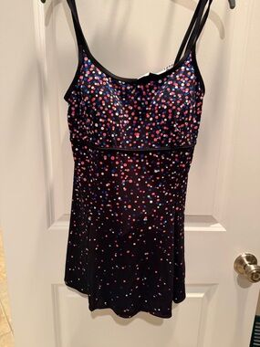 Malibu pink Black Polka Dot Swim Dress with Pink & Blue Dots